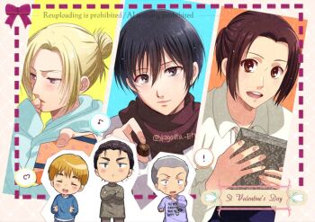 ! 3boys 3girls annie_leonhart armin_arlert black_hair blonde_hair blue_eyes blue_hoodie blue_shirt blue_sweater blush box brown_eyes brown_hair brown_pants chibi chibi_inset chocolate closed_eyes collared_shirt connie_springer eren_yeager facial_scar food gift grey_eyes grey_sweater hair_between_eyes hair_bun hand_to_own_mouth happy_valentine heart hetero holding holding_box holding_chocolate holding_food holding_gift hood hoodie kogatta_em light_smile medium_hair mikasa_ackerman multiple_boys multiple_girls musical_note open_mouth pants parted_bangs ponytail red_scarf sasha_blouse scar scar_on_cheek scar_on_face scarf shingeki_no_kyojin shirt shirt_under_sweater short_hair smile spoken_exclamation_mark spoken_heart spoken_musical_note sweatdrop sweater twintails updo upper_body valentine white_shirt wide-eyed