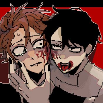 2boys 9aaaalt29 black_hair black_shirt blood blood_on_face blood_on_mouth brown_hair dead_plate highres male_focus multiple_boys nervous outline pixel_art portrait red_background rody_lamoree shirt short_hair simple_background tears two-tone_background very_short_hair vincent_charbonneau white_outline white_shirt