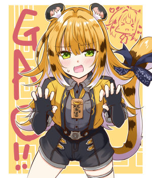 1girl animal_ears belt black_belt black_gloves black_shirt black_shorts blue_bow bow breast_pocket claw_pose collared_shirt fingerless_gloves gao gloves green_eyes ichimi jacket ju_fufu looking_at_viewer multicolored_hair o-ring o-ring_thigh_strap open_mouth pocket shirt shorts solo tail tail_bow tail_ornament thigh_strap tiger_ears tiger_girl tiger_tail two-tone_hair white_hair yellow_jacket zenless_zone_zero