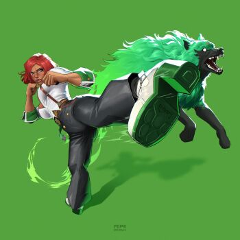 1girl arrow_(symbol) artist_name bell-bottoms black_pants blue_eyes breasts clenched_hands commentary dark-skinned_female dark_skin dog english_commentary giovanna_(guilty_gear) green_background green_dog green_fur guilty_gear guilty_gear_strive high-waist_pants highres kicking large_breasts looking_to_the_side pants parted_lips partially_unbuttoned pepedraws recycling_symbol red_hair rei_(guilty_gear) sharp_teeth shirt short_hair sleeves_pushed_up solo_focus suspenders suspenders_hanging teeth white_shirt wolf