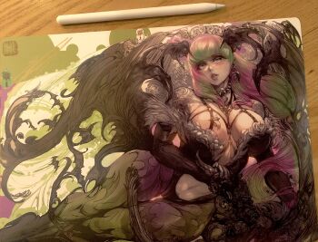 1girl animal_print bat_print bat_wings black_gloves black_leotard blunt_bangs breasts curvy darkstalkers elbow_gloves fur-trimmed_leotard fur_trim gloves gradient_hair gradient_pantyhose green_eyes green_hair green_pantyhose highres large_breasts leotard lips long_hair looking_at_viewer morrigan_aensland multicolored_hair multicolored_pantyhose pantyhose parkjinsuky parted_lips photo_(medium) pink_hair print_pantyhose purple_pantyhose solo traditional_media wings