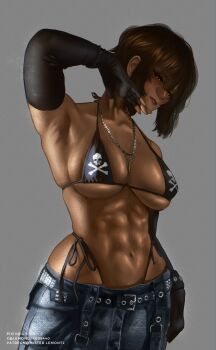 1girl abs arm_up armpits bikini black_hair breasts brown_hair bullet_necklace dark-skinned_female dark_skin elbow_gloves fingerless_gloves gloves highres jewelry jolly_roger large_breasts lemonluke101 limbus_company looking_at_viewer midriff necklace outis_(project_moon) project_moon short_hair smile string_bikini swimsuit yellow_eyes