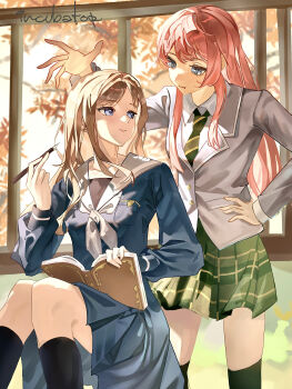 Rule 34 | 2girls, absurdres, bang dream!, bang dream! it's mygo!!!!!, black socks, blue eyes, blue shirt, blue skirt, book, breasts, brown hair, chihaya anon, chinese commentary, closed mouth, commentary request, diagonal-striped clothes, diagonal-striped necktie, fang, green necktie, green skirt, grey eyes, grey neckerchief, hand on own hip, haneoka school uniform, highres, kneehighs, long hair, long sleeves, multiple girls, nagasaki soyo, neckerchief, necktie, open book, pink hair, pleated skirt, school uniform, shirt, sidelocks, sitting, skirt, socks, standing, striped clothes, tsukinomori school uniform, white shirt, wu fuzuoyong