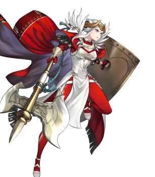 1girl attack axe battle_axe blue_eyes bodysuit cape crown dress edelgard_von_hresvelg edelgard_von_hresvelg_(adrestian_emperor) edelgard_von_hresvelg_(adrestian_emperor)_(resplendent) edelgard_von_hresvelg_(timeskip) fake_horns feather_trim fingerless_gloves fire_emblem fire_emblem:_three_houses fire_emblem_heroes gloves hair_rings highres holding holding_axe holding_shield horns insignia nintendo non-web_source official_alternate_costume official_art red_bodysuit red_cape red_gloves running shield solo two-sided_cape two-sided_fabric weapon white_cape white_dress white_hair