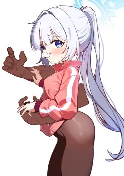 1girl blue_archive blue_eyes blue_hair blue_halo blush cherino_(blue_archive) facial_hair fake_facial_hair fake_mustache halo highres jacket led_winter loli long_hair looking_to_the_side mustache pants ponytail red_jacket solo sweat white_background white_hair white_mustache