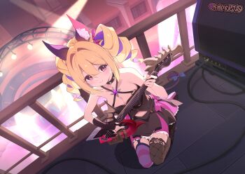 1girl amplifier bare_shoulders bass_guitar black_boots black_shirt black_skirt black_thighhighs blonde_hair boots breasts caramel_(stella_sora) cleavage collarbone criss-cross_halter drill_hair game_cg hair_intakes halter_shirt halterneck highres holding holding_bass_guitar holding_instrument instrument lace lace-trimmed_thighhighs lace_trim large_breasts looking_at_viewer mismatched_thighhighs multicolored_hair non-web_source official_art pink_eyes purple_thighhighs seiza shirt sitting skirt sleeveless sleeveless_shirt solo stella_sora streaked_hair striped_clothes striped_thighhighs thighhighs twin_drills