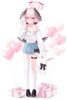 1girl absurdres alternate_costume bare_shoulders black_shoes black_wings blue_archive blush choker closed_mouth commentary cropped_hoodie doll feathered_wings flat_chest halo head_wings highres holding holding_doll hood hoodie kneehighs koharu_(blue_archive) looking_at_viewer low_twintails low_wings navel pink_eyes pink_hair pink_halo shoes single_kneehigh single_sock single_thighhigh smile socks solo stomach stuffed_animal stuffed_rabbit stuffed_toy symbol-only_commentary thighhighs twintails white_choker white_hoodie white_socks white_thighhighs wings yagen_(user_mxur3238)