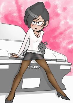 1girl aged_up arm_support asymmetrical_bangs bad_id bad_pixiv_id bandgeek32 belt black_footwear black_skirt breasts brown_pantyhose car earrings facing_viewer freckles full_body gradient_background grey_belt half-closed_eyes high_heels highres jewelry kaze_fukeba_nanashi leaning_against_vehicle legs_apart long_legs looking_at_viewer miniskirt motor_vehicle nickelodeon pantyhose pencil_skirt pendant pink_background pink_earrings pumps ronnie_anne_santiago shirt shoes skinny skirt small_breasts standing the_casagrandes the_loud_house third-party_edit toyota toyota_sprinter_trueno white_shirt