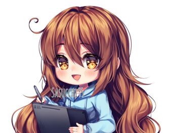 1girl artist_name artist_self-insert blue_hoodie blush brown_eyes brown_hair chibi chibi_only commentary cowlick double-parted_bangs drawing_tablet english_commentary hair_between_eyes hair_intakes holding holding_drawing_tablet holding_pen hood hood_down hoodie long_hair long_sleeves looking_at_viewer open_mouth original pen sasucchi95 shirt simple_background smile solo stylus tongue triangle_mouth upper_body white_background white_shirt