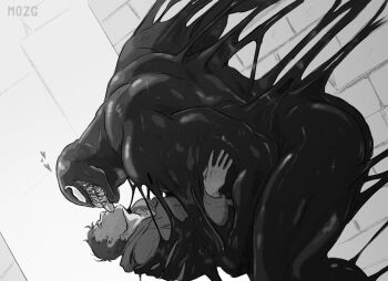 1boy 1other absurdres artist_name ass bara biceps commentary eddie_brock fangs french_kiss greyscale heart highres kiss looking_at_another male_focus marvel monochrome mozg_(bruh) muscular muscular_male spider-man_(series) symbiote symbol-only_commentary tongue tongue_out venom_(marvel) yaoi