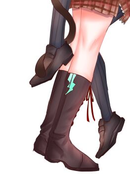 2girls asakura_karen_(heaven_burns_red) boots heaven_burns_red highres leg_between_thighs leg_focus loafers multiple_girls pantyhose shoes skirt striped_clothes striped_pantyhose tail tail_around_another&#039;s_leg tail_wrap toujou_tsukasa tskrn vertical-striped_clothes vertical-striped_pantyhose white_background yuri