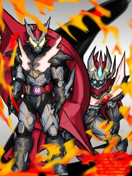 2boys adapted_costume armor armored_boots armored_gloves black_armor black_gloves boots breastplate crossover cyborg_human_tanast demon_boy demon_horns rider_belt fire fire gloves glowing glowing_eyes highres horns kamen_rider kamen_rider_revi kamen_rider_revice kamen_rider_vice male_focus mazinger_(series) mazinkaiser mazinkaiser_(robot) multiple_boys red_scarf revice_driver rider_belt scarf spiked_gauntlets squatting stamp_mark vistamp weapon_request