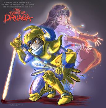 1boy 1girl arm_shield armor armored_boots armored_skirt artist_name aura belt black_hair blue_belt boots breastplate breasts brown_eyes brown_gloves brown_hair brown_thighhighs circlet commentary_request copyright_name dated dress druaga_no_tou dual_wielding elbow_gloves english_text fake_horns fingerless_gloves floating_neckwear gauntlets gilgamesh_(druaga) gloves gold_armor helmet highres holding holding_staff holding_sword holding_weapon horned_helmet horns jewelry ki_(druaga) klixxxx long_hair medium_breasts necklace on_one_knee open_mouth orange_eyes projected_inset shield short_dress short_hair shoulder_armor smile staff sword thighhighs v-shaped_eyebrows visor_(armor) weapon white_dress winged_boots