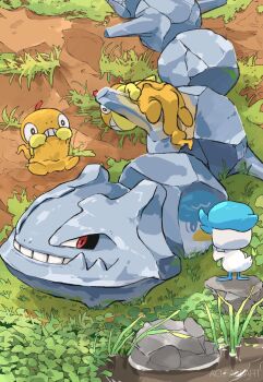 4others aomon_(yuuji7604) beak blue_feathers colored_skin commentary_request dirt feathers gen_2_pokemon gen_5_pokemon grass highres jaw metal_skin multiple_others nintendo no_humans pokemon pokemon_(creature) quaxly red_eyes reflection scraggy sitting steelix tagme tail water white_feathers yellow_skin