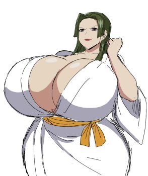1girl breasts brown_eyes forehead green_hair highres huge_breasts lips lipstick long_hair makeup manyuu_hikenchou momijizx toyo_(manyuu_hikenchou)