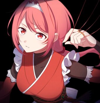 1girl apron black_background breasts frilled_kimono frills hair_intakes japanese_clothes kimono long_hair looking_at_viewer low_ponytail mikami_(nemu_mohu) obi parted_lips ponytail re:zero_kara_hajimeru_isekai_seikatsu red_eyes red_hair red_kimono sash solo string tiara upper_body yae_tenzen