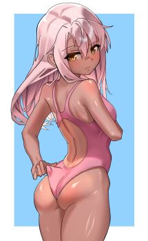 1girl absurdres ass ass_focus back backless_outfit backless_swimsuit chloe_von_einzbern commentary competition_swimsuit dark-skinned_female dark_skin english_commentary fate/kaleid_liner_prisma_illya fate_(series) frown highres loli looking_back meruru1247 one-piece_swimsuit orange_eyes pink_hair solo swimsuit tagme thighs thighs_focus