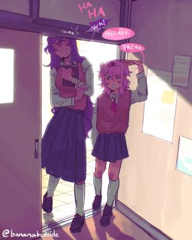 2girls adapted_costume black_shoes blue_skirt blush book brown_sweater_vest bumping_head collared_shirt commentary doki_doki_literature_club door doorway english_commentary english_text eyelashes full_body hand_up height_difference highres holding holding_book injury kneehighs laughing long_hair long_skirt long_sleeves multiple_girls natsuki_(doki_doki_literature_club) neck_ribbon one_eye_closed poster_(object) purple_hair rayne_(bananabedside) red_ribbon ribbon school_uniform shadow shirt shoes skirt smile socks sound_effects speech_bubble standing sweat sweater_vest tile_floor tiles twitter_username white_shirt white_socks yuri_(doki_doki_literature_club)