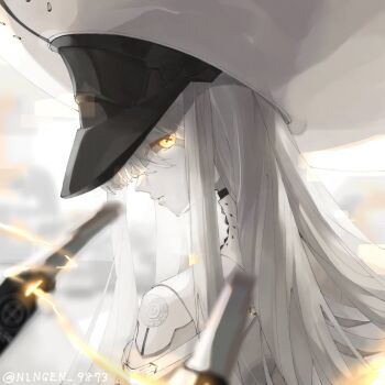 Rule 34 | 1girl, artist name, blue archive, colored skin, commentary request, from behind, hat, highres, large hat, long hair, looking at viewer, looking back, malkuth (blue archive), ningen 9873, profile, sideways glance, solo, symbol-shaped pupils, twitter username, white hair, white hat, white skin, x-shaped pupils, yellow eyes