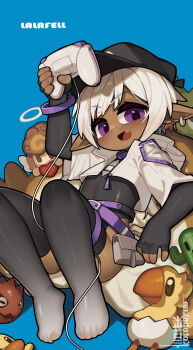 1girl baseball_cap black_hat black_leotard black_thighhighs blue_background character_request commentary_request controller cropped_jacket dark-skinned_female dark_skin earrings fang final_fantasy final_fantasy_xiv flat_chest game_controller gradient_thighhighs hat highleg highleg_leotard highres holding holding_controller holding_game_controller hood hood_down hooded_jacket jacket jewelry kotoba_(1074421015) lalafell leotard long_pointy_ears long_sleeves looking_at_viewer no_shoes open_clothes open_jacket open_mouth pointy_ears purple_eyes short-sleeved_jacket short_hair short_sleeves sitting skin_fang smile solo thigh_strap thighhighs two-tone_thighhighs white_hair white_jacket white_thighhighs