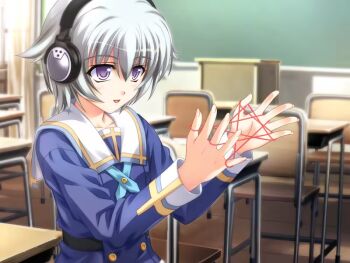 Rule 34 | 1girl, amber quartz, breasts, classroom, game cg, hands up, headphones, minakura tomo, non-web source, open mouth, purple eyes, school uniform, short hair, small breasts, solo, tsukasa yuuki, upturned eyes, white hair