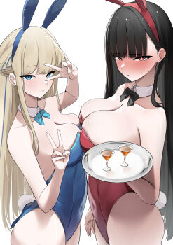2girls absurdres alcohol almondman alternate_costume animal_ears asymmetrical_docking black_bow black_bowtie black_hair blonde_hair blue_archive blue_bow blue_bowtie blue_eyes blue_leotard blush bow bowtie braid breast_press breasts cleavage covered_navel detached_collar double_v fake_animal_ears fake_tail full-face_blush half_up_braid highleg highleg_leotard highres holding holding_tray large_breasts leotard long_hair medium_breasts multicolored_hair multiple_girls official_alternate_costume playboy_bunny rabbit_ears rabbit_tail red_eyes red_leotard revision rio_(blue_archive) sideboob streaked_hair sweatdrop tail toki_(blue_archive) toki_(bunny)_(blue_archive) tray v very_long_hair