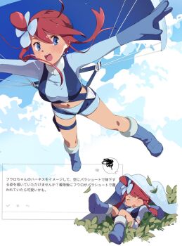 Rule 34 | 1girl, blue boots, blue eyes, blue gloves, blue jacket, blue shorts, blush, boots, breasts, closed eyes, crop top, cropped jacket, fuyuki eru, gloves, hair ornament, highres, jacket, large breasts, leaf, long hair, midriff, navel, nintendo, one side up, open mouth, parachute, pokemon, pokemon black and white, pouch, red hair, short hair with long locks, short shorts, shorts, sidelocks, skyla (pokemon), smile, solo, thigh pouch