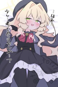 1girl :d bed_sheet beret black_gloves black_pantyhose black_serafuku black_shirt black_skirt blonde_hair blue_archive blush bow commentary_request frilled_skirt frills gloves green_eyes grey_hat grey_jacket grey_sailor_collar hair_intakes half_gloves halo hat highres jacket kujou_karasuma long_hair long_sleeves nose_blush open_clothes open_jacket open_mouth pantyhose professor_niyaniya_(blue_archive) red_bow sailor_collar school_uniform serafuku shirt skirt smile solo sweat translation_request very_long_hair watermark