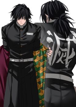 1boy absurdres belt black_hair black_jacket black_pants buttons closed_eyes closed_mouth clothes_writing demon_slayer_uniform from_behind gold_buttons haori high_collar highres jacket japanese_clothes kikkoumon kimetsu_no_yaiba long_hair low_ponytail male_focus pants ponytail print_haori red_haori simple_background solo spiked_hair tomioka_giyuu urara0408 white_background white_belt