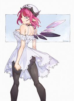 Rule 34 | 1girl, ass, asymmetrical wings, black horns, black pantyhose, black wings, blue eyes, breasts, cleavage, cowboy shot, detached wings, dress, earrings, hashtag-only commentary, hat, highres, hololive, hololive english, horns, igalimax, irys (casualrys) (hololive), irys (hololive), jewelry, large breasts, multicolored hair, official alternate costume, pantyhose, pointy ears, purple hair, red hair, simple background, solo, spaghetti strap, standing, two-tone hair, virtual youtuber, white background, white dress, white hat, white wings, wings