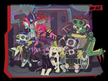 1girl 1other 4boys animal_ears barefoot black_border black_pants blue_hair body_freckles border cap&#039;n_(deltarune) colored_skin crossed_arms deltarune drum drum_set electric_guitar freckles full_body furry furry_female furry_male goat_boy goat_ears goat_horns grin group_picture guitar holding holding_instrument holding_microphone horns humanoid_robot instrument k_k_(deltarune) kris_(dark_world)_(deltarune) kris_(deltarune) kris_(lightners_live)_(deltarune) microphone mohawk multicolored_hair multiple_boys pants pink_eyes pink_hair pink_skin ralsei ralsei_(lightners_live) robot shaded_face short_hair shoulder_freckles sitting smile speaker stereo susie_(dark_world)_(deltarune) susie_(deltarune) susie_(lightners_live)_(deltarune) sweet_(deltarune) two-tone_hair utdr_(toby_fox) yaksa_del