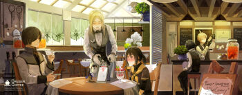 Rule 34 | 1girl, 4boys, aocean, black hair, blonde hair, blush, closed mouth, commentary, cup, double-parted bangs, english commentary, english text, expressionless, food, grey shirt, grey vest, hair over one eye, hand up, hanging light, head steam, highres, holding, holding cup, holding plate, holding swimsuit, holding tray, holding unworn clothes, jar, layered sleeves, long bangs, long sleeves, multiple boys, multiple girls, neckerchief, nose blush, o o, on stool, one eye covered, original, parfait, plate, restaurant, sailor collar, shirt, short hair, short over long sleeves, short sleeves, sign, sitting, slice of life, swimsuit, table, tablecloth, teacup, tray, two-tone shirt, undershirt, unworn swimsuit, very short hair, vest, waiter, white shirt, yellow neckerchief, yellow sailor collar