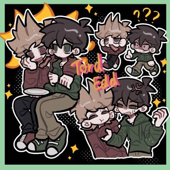 2boys ? ?? anger_vein angry animification bacon black_background black_pants border brown_pants character_name chibi clothes_grab commentary eating edd_(eddsworld) eddsworld food fork frown green_border green_eyes green_hoodie green_shoes hair_ears highres holding holding_fork holding_plate hood hood_down hoodie immuir jitome male_focus mouth_hold multiple_boys multiple_views open_mouth outline pants plate red_eyes red_hoodie red_shoes shirt_grab shoes sitting smug sparkle symbol-only_commentary thick_lineart tord_(eddsworld) white_outline wide-eyed