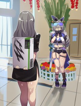 2girls absurdres arms_behind_back black_footwear black_gloves black_jacket black_shorts blue-tinted_eyewear box commentary covering_face door english_commentary eyewear_on_head fingerless_gloves from_behind fur-trimmed_jacket fur_trim geforce_rtx_5080 gift gloves goggles goggles_on_head gradient-tinted_eyewear graphics_card grey_eyes grey_hair hair_between_eyes highres hinghoi holding holding_box holding_gift honkai:_star_rail honkai_(series) indoors jacket long_hair medium_hair midriff multiple_girls navel ponytail purple-tinted_eyewear shoes short_shorts shorts silver_wolf_(honkai:_star_rail) standing stelle_(honkai:_star_rail) thigh_strap tinted_eyewear trailblazer_(honkai:_star_rail) yuri