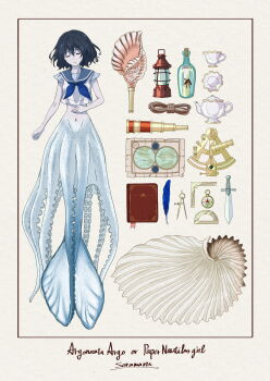 1girl black_hair blue_neckerchief blue_sailor_collar book bookmark character_name closed_eyes commentary_request compass compass_(instrument) conch cup dagger english_text equipment_layout feathers fins hand_on_own_stomach highres knife lantern lying map message_in_a_bottle monster_girl navel neckerchief on_back original paper_texture pelvis protractor rope sailor_collar sailor_shirt saucer scientific_name sextant shell shirt short_hair short_sleeves signature solo soramaru_ell spyglass teacup tentacles twitter_username watermark weapon