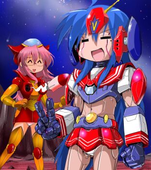 2girls android aphrodai_a aphrodite_a breast_missiles choudenji_robo_combattler_v combattler_v_(robot) crossover firing glasses izumi_konata lucky_star mazinger_(series) mazinger_z mecha mecha_musume miniskirt missile mole mole_under_eye multiple_girls otaku panties pantyshot parody robot rocket_launcher school_uniform science_fiction serafuku skirt style_parody super_robot t2 takara_miyuki underwear v weapon