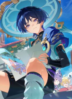 aether_(genshin_impact) closed_mouth drawing_(object) durin_(genshin_impact) genshin_impact highres holding holding_drawing jewelry looking_at_object male_focus mini_durin_(genshin_impact) mochimiya_(coyo) outdoors paimon_(genshin_impact) purple_eyes ring scaramouche_(genshin_impact) shorts sitting sky smile solo_focus vision_(genshin_impact) wanderer_(genshin_impact)