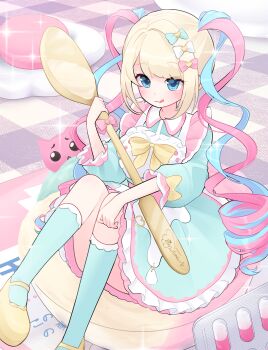 1girl :3 absurdres blister_pack blonde_hair blue_bow blue_dress blue_eyes blue_hair blue_socks bow chouzetsusaikawa_tenshi-chan collared_dress commentary_request dress fraiisiemimi frilled_dress frills hair_bow heart highres knees_up long_hair maid multicolored_hair needy_girl_overdose official_alternate_costume oversized_object oversized_spoon pien_cat_(needy_girl_overdose) pill pink_bow pink_hair quad_tails shoes sitting smile socks solo sparkle sweets_paradise tongue tongue_out yellow_shoes