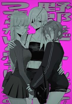 3girls :p alternate_costume blush casual chainsaw_man collarbone commentary_request eyepatch gaganbo_(shuuu85372871) greyscale_with_colored_background hair_between_eyes hand_on_another's_shoulder hand_on_another's_waist highres light_smile long_hair long_hair_between_eyes long_sleeves looking_at_viewer makima_(chainsaw_man) miniskirt multiple_girls pink_background pleated_skirt quanxi_(chainsaw_man) reze_(chainsaw_man) ribbed_shirt ringed_eyes shirt skirt straight_hair text_background tongue tongue_out translation_request very_long_hair yuri