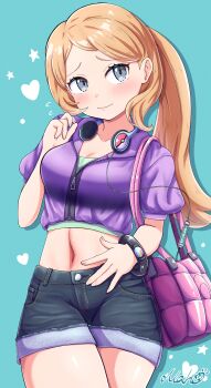 1girl absurdres alternate_costume aqua_background bag blonde_hair bracelet closed_mouth commentary_request cowboy_shot eyelashes flying_sweatdrops green_shirt grey_eyes hand_up headphones heart highres jacket jewelry light_blush long_hair maho_(corotonton5150) navel nintendo pokemon pokemon_x_and_y ponytail purple_bag purple_jacket raised_inner_eyebrows serena_(pokemon) shirt shorts signature smile solo star_(symbol) zipper_pull_tab