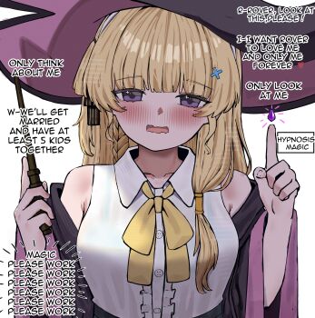 1girl 2na_(blue2na) absurdres bare_shoulders blonde_hair blush bra_visible_through_clothes casting_spell center_frills collarbone commentary cosplay elaina_(majo_no_tabitabi) elaina_(majo_no_tabitabi)_(cosplay) english_commentary english_text frills hair_ornament hands_up hat highres holding holding_wand hondo_kaede index_finger_raised long_hair looking_at_viewer majo_no_tabitabi neck_ribbon off_shoulder open_mouth phoebe_(wuthering_waves) purple_eyes purple_robe ribbon robe shirt simple_background sleeveless sleeveless_shirt solo voice_actor_connection wand white_background white_shirt witch_hat wuthering_waves x_hair_ornament yellow_ribbon