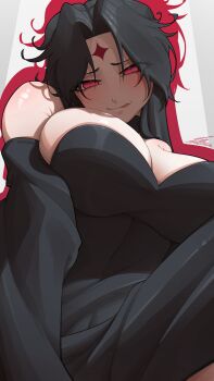 1girl @_@ absurdres bare_shoulders black_dress black_hair breasts centuria_(manga) cleavage dress facial_mark forehead_mark helem_(centuria) highres large_breasts long_bangs long_hair looking_at_viewer red_eyes solo solo_focus tettora tongue tongue_out