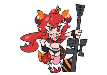 Rule 34 | 1boy, anti-materiel rifle, belt, bikini, bikini top only, black gloves, boots, cosplay, dola (nijisanji), dragon girl, dragon horns, dragon tail, fang, fingerless gloves, flame print, gloves, gun, hair ornament, hair stick, hand on own hip, highres, holding, holding gun, holding weapon, horns, long hair, mabushi, nijisanji, pink thighhighs, ponytail, red eyes, rifle, scarf, scope, short shorts, shorts, sidelocks, simple background, skull hair ornament, sniper rifle, solo, striped clothes, striped scarf, swimsuit, tail, tengen toppa gurren lagann, thighhighs, virtual youtuber, weapon, white background, white belt, white boots, yoko littner, yoko littner (cosplay)