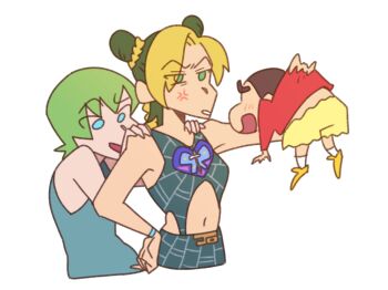 08261125 1boy 2girls anger_vein armpits black_hair blonde_hair blue_eyes blush braid bun_with_braided_base child crayon_shin-chan curious double_bun emblem foo_fighters_(jojo) green_eyes green_hair hair_bun jojo_no_kimyou_na_bouken kuujou_jolyne lifting_person midriff multicolored_hair multiple_girls navel nohara_shinnosuke overalls picking_up red_shirt shirt short_hair shorts sleeveless sleeveless_shirt spider_web_print stone_ocean two-tone_hair wristband yellow_shorts