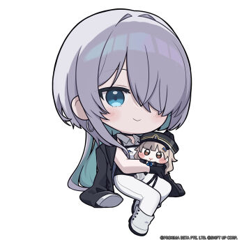 Rule 34 | 1girl, aqua hair, black gloves, black jacket, blue eyes, blush, boots, brid (nikke), brid (silent track) (nikke), character doll, chibi, closed mouth, collared shirt, commentary, doll, earrings, english commentary, gloves, goddess of victory: nikke, hair intakes, hair over one eye, highres, holding, hoop earrings, invisible chair, jacket, jacket on shoulders, jewelry, light smile, long hair, long sleeves, looking at viewer, multicolored hair, pants, shirt, sitting, sleeveless, sleeveless shirt, solo, totatokeke, two-tone hair, very long hair, white boots, white pants, white shirt