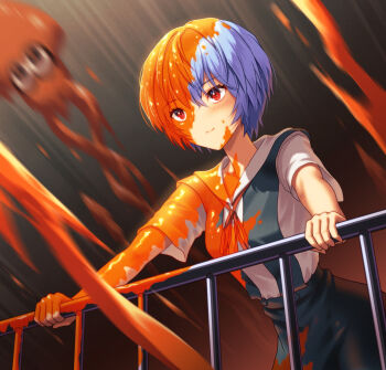 1girl ayanami_rei black_background blue_hair blue_skirt blush bow bowtie breasts closed_mouth collared_shirt commentary dress_shirt gradient_background hair_between_eyes hand_on_railing highres inkling_(swim_form) lcl leaning_forward light_smile looking_ahead medium_breasts motion_blur neck_ribbon neon_genesis_evangelion nintendo orange_background paint paint_in_hair paint_on_body paint_on_clothes paint_splatter paint_splatter_on_face railing red_bow red_bowtie red_eyes red_ribbon ribbon school_uniform shirt short_hair short_sleeves skirt smile solo splatoon_(series) squid suspender_skirt suspenders tokyo-3_middle_school_uniform upper_body white_shirt yahha