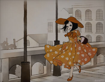 Rule 34 | 1girl, aged up, alternate costume, basket, blunt ends, bob cut, bow, bridge, brown eyes, building, dress, elbow carry, floral print, floral print dress, hat, high heels, holding, holding basket, lamppost, leg up, okiku (osomatsu-kun), orange bow, orange dress, orange headwear, orange shoes, osomatsu-san, osomatsu (series), print dress, shoes, smile, sun hat, user pwza2477