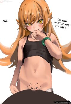 1girl absurdres bakemonogatari blonde_hair blush bracelet clothes_lift cowboy_shot do_you_want_to_pet_my_cat_(meme) drawing_on_body dress dress_lift fangs female_focus highres jewelry lady_shin loli long_hair looking_at_viewer monogatari_(series) navel oshino_shinobu pointy_ears pussy simple_background solo standing stomach table vampire white_background yellow_eyes
