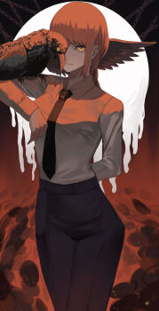 1girl absurdres animal_on_arm arm_behind_back bird bird_in_front_of_eye bird_on_arm black_necktie black_pants braid braided_ponytail chainsaw_man closed_mouth commentary_request formal_clothes grey_shirt high-waist_pants highres kingra_duel light_smile long_hair looking_at_viewer makima_(chainsaw_man) mouse_(animal) necktie pant_suit pants red_hair ringed_eyes shirt shirt_tucked_in sidelocks solo suit yellow_eyes