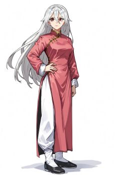 1girl absurdres changpao china_dress chinese_clothes dress fighting_stance hand_on_own_hip highres kokoro_no_koibito kung_fu long_hair long_sleeves martial_arts monk original pink_dress red_eyes self-upload shaolin_monk solo standing training white_hair